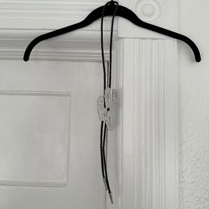 vintage black leather & silver cactus bolo tie necklace